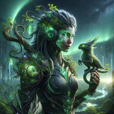 The primary subject of the image is a woman with green hair, wearing a green dress, and holding a green bird. She is surrounded by a lush green forest, which serves as the setting for the scene. The visual style of the image is digital art, with the woman and bird being the main focus of the composition. The colors and mood of the image are predominantly green, creating a serene and natural atmosphere.